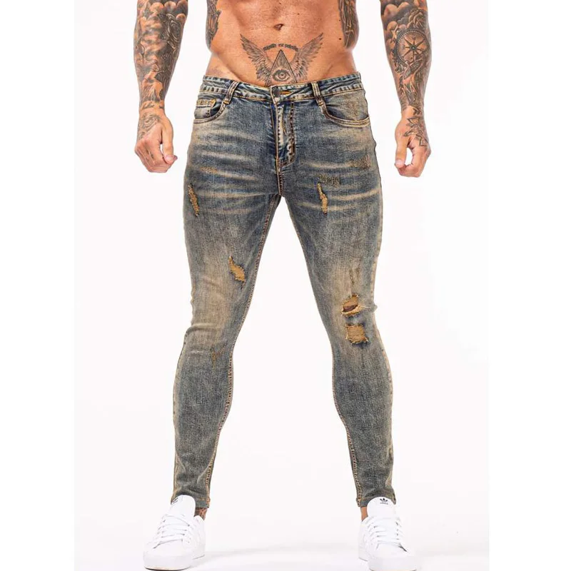 

Retro Jeans Men Elastic Waist Skinny Jeans Men 2021 Stretch Ripped Pants Streetwear Mens Denim Jeans Blue