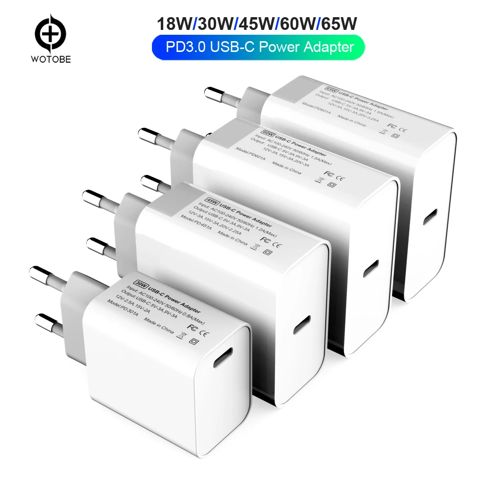 USB C адаптер питания PD/QC3.0 65 Вт/60 Вт/45 Вт/30 Вт/18 Вт TYPE-C настенное зарядное устройство, для USB-C ноутбуков/MacBook/iPad/iPhone/samsung(USB-C кабель