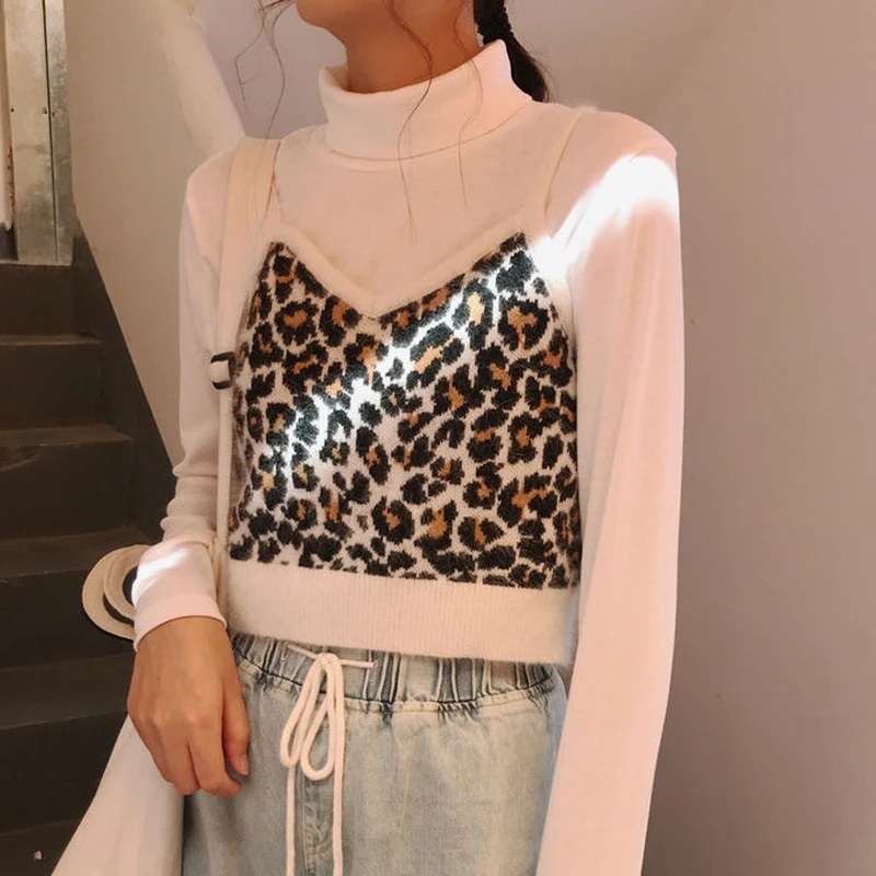 

Spring and Fall Women Sexy Leopard Print Knitted Camisole Cropped Top Korean Chic Y2k Fashion Sleeveless Short Vest Sweater Tank