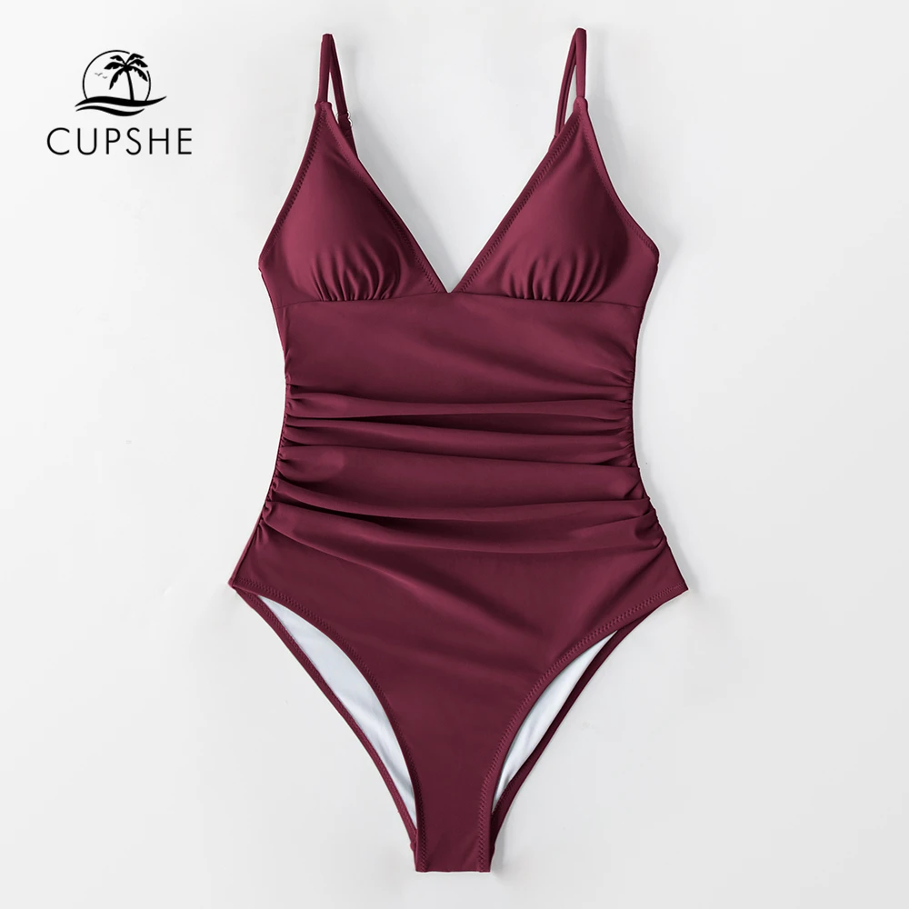 Женский слитный купальник CUPSHE однотонный бордовый купальник-монокини с глубоким