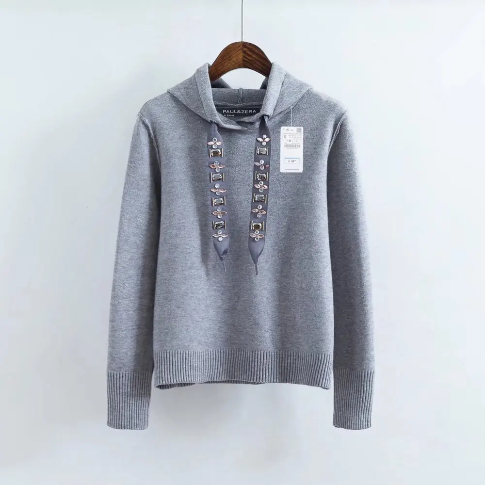 

Spring Autumn Women's Hooded Pullover Rhinestone Drawstring Knitted Loose Sweater Tops