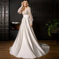 elegant v neck wedding dresses 2021 long puff sleeves backless lace appliques pearls design long court train bridal gowns stain