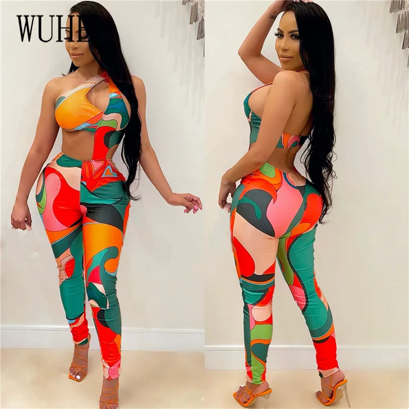 

WUHE красочным принтом узкие комбинезоны высокая эластичность без рукавов, майка, топ, жилет сексуальное платье с открытыми плечами, посылка ...