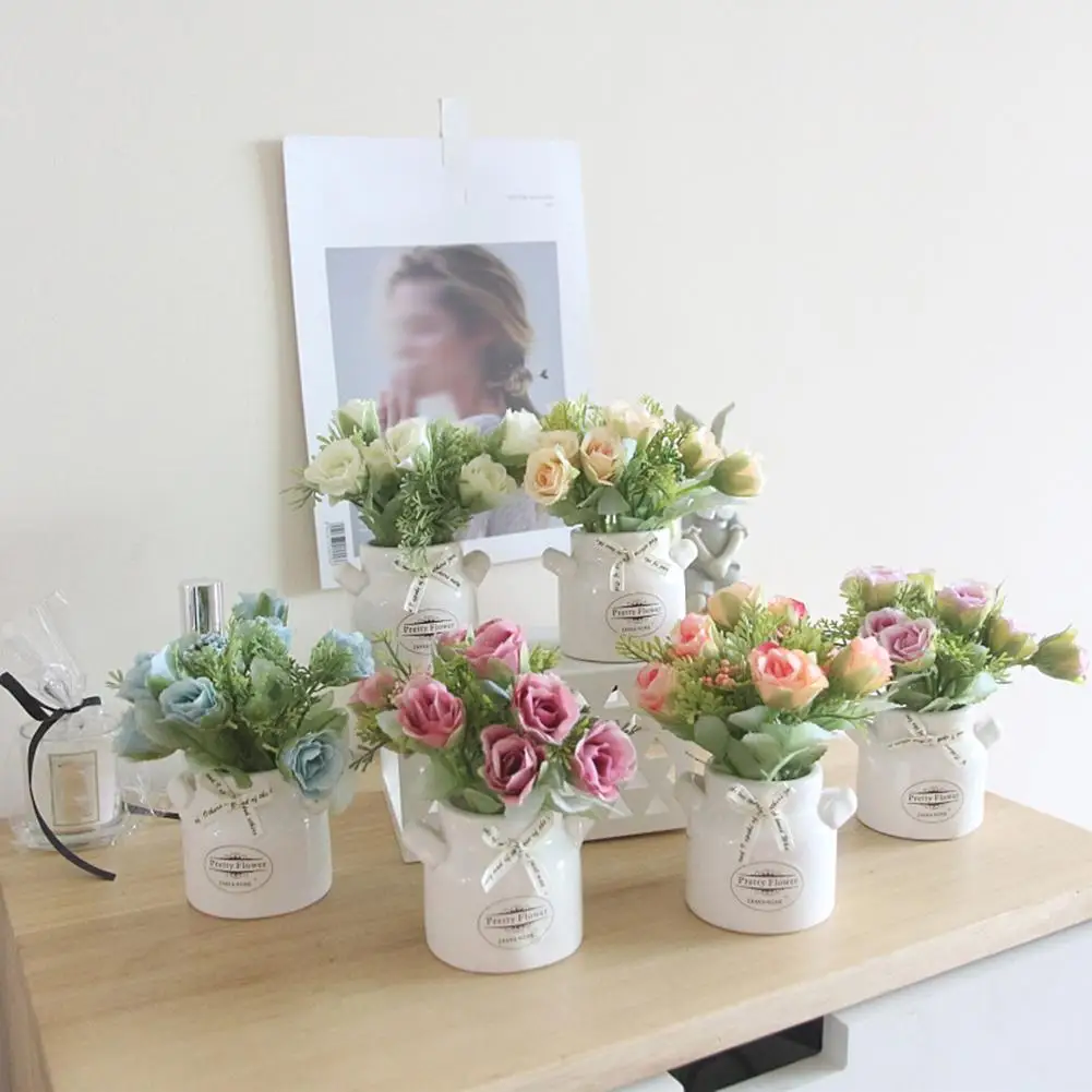 

New Artificial Flower Real Touch Ceramic Pot Fake Rose Flowers Bonsai Stage Garden Wedding Home Party Decoration Indoor Decor