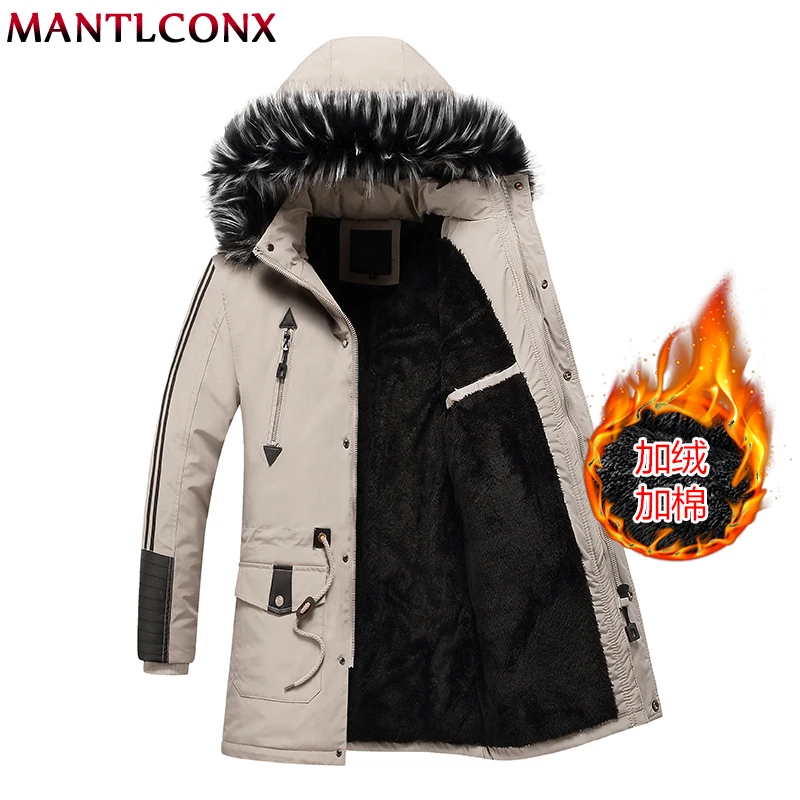 MANTLCONX, толстая Мужская зимняя парка с меховым капюшоном, модный бренд, теплое длинное пальто на молнии, Мужская ветрозащитная куртка, Мужская на подкладке, куртки