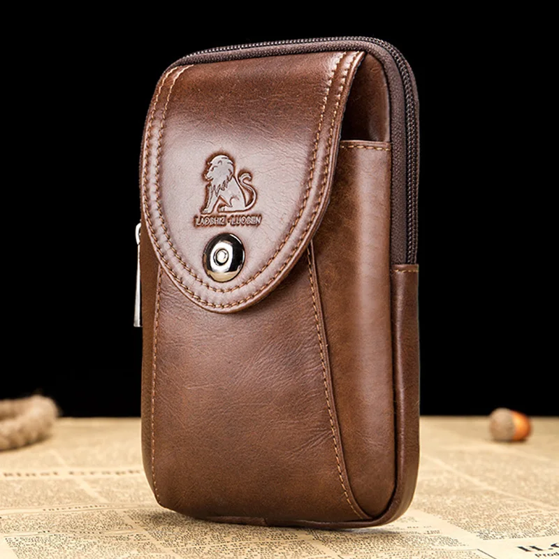 Мужская поясная сумка LAOSHIZI LUOSEN маленькая на мобильный телефон из натуральной