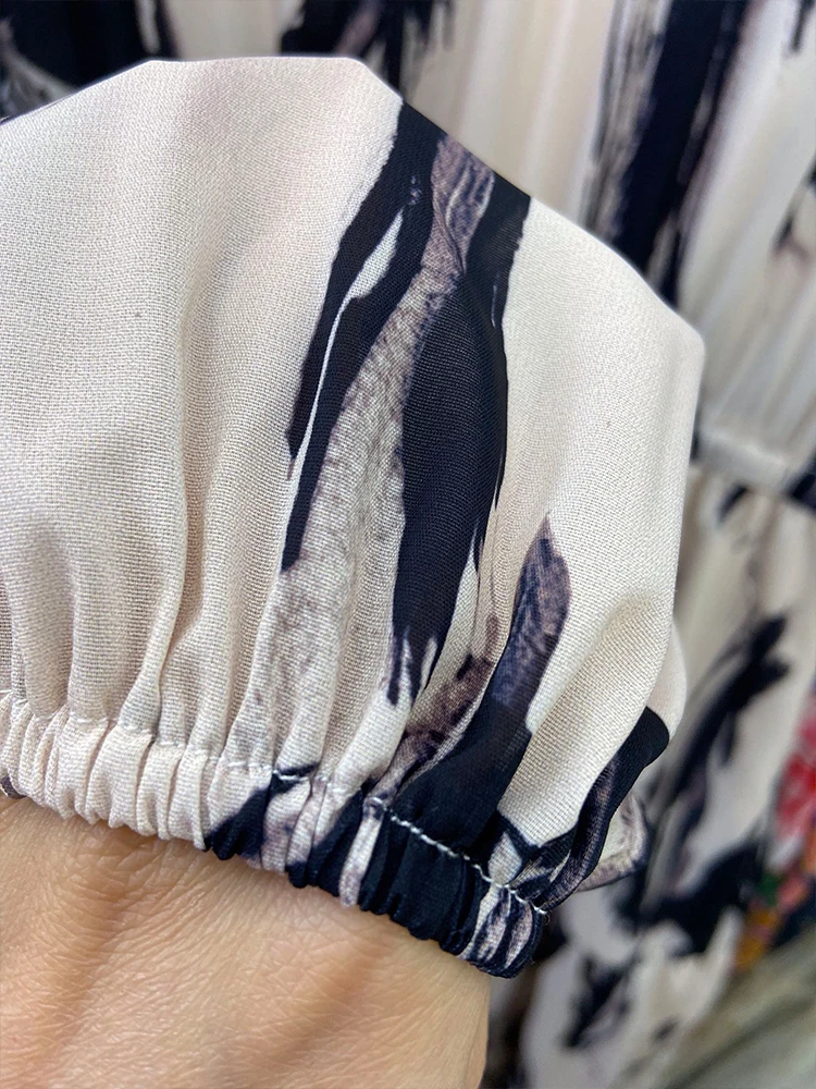 

Frills, round neck, lace, retro ink printing, elastic waist, loose, large hem, dress, new style for autumn, personality