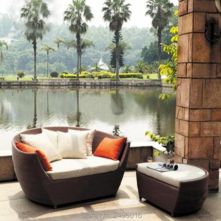 

2pcs /set Patio Furniture Outdoor Lawn Backyard Poolside Garden Wicker Rattan Round Daybed, Seating Separates Cushioned Seats