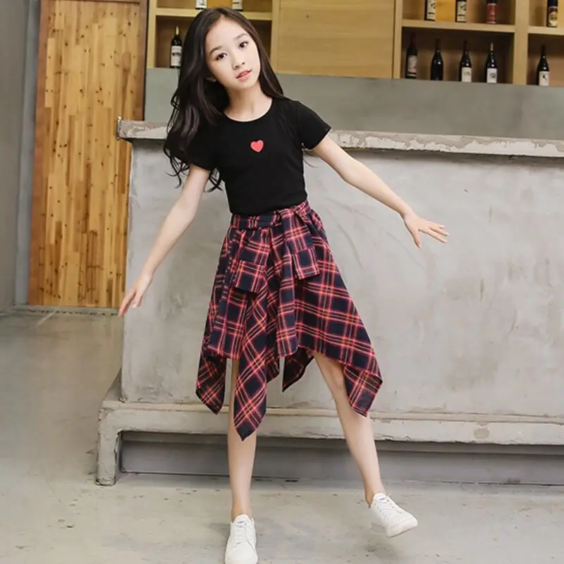 blackteeplaid skirt MERI AMMI/комплект одежды для маленьких девочек, кружевная футболка без рукавов, топ с цветочным рисунком+ юбка с бантом, верхняя одежда для От 2 до 11 лет, детей - Цвет: blackteeplaid skirt