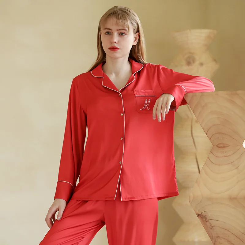 

2021 New Fashion Casual Home Thin Pajama Set Women Long Sleeve Full Length Pants Pijamas Women Silk Home Suit Donsignet