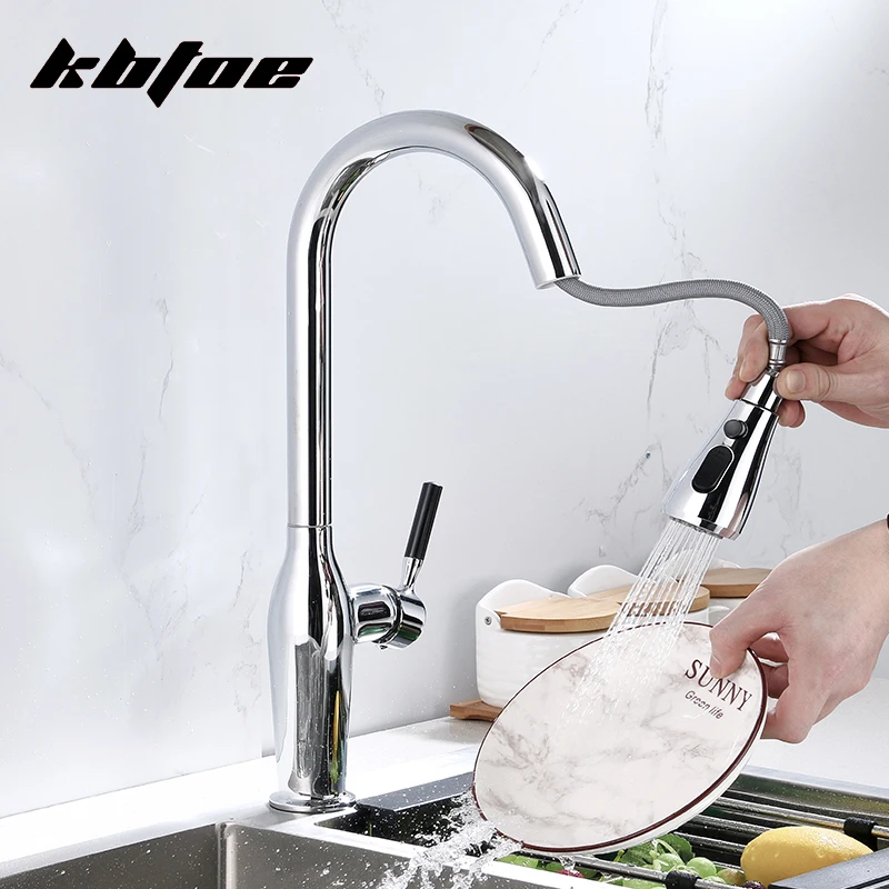 

Chrome Pull Out Kitchen Faucets Brass Silver Polished Hot and Cold Sink Mixer Sprayer Tap Crane 360 Rotation Deck Mounted Tap