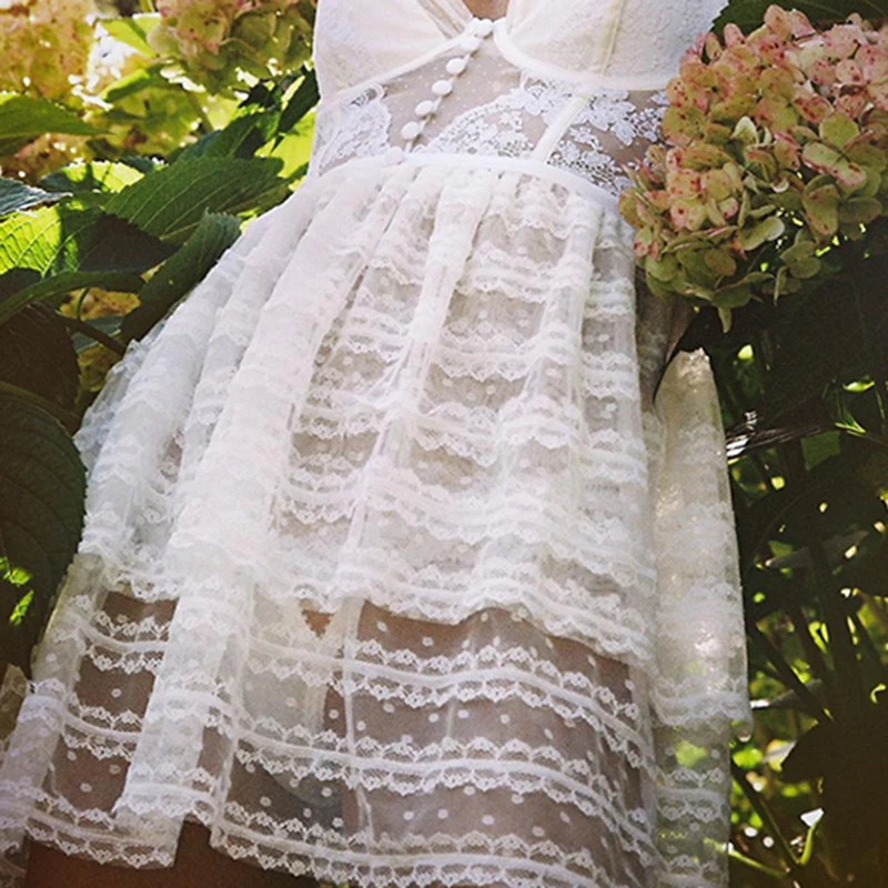 

ONEINALL White Beach Dress For Women V Neck Sleeveless High Waist Mini Hollow Out Dresses Females Summer Clothing 2021 New Style