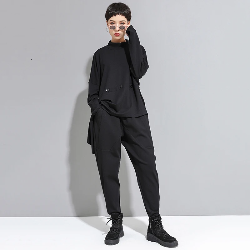 [EAM] Женская Черная Асимметричная футболка большого размера с пуговицами новая