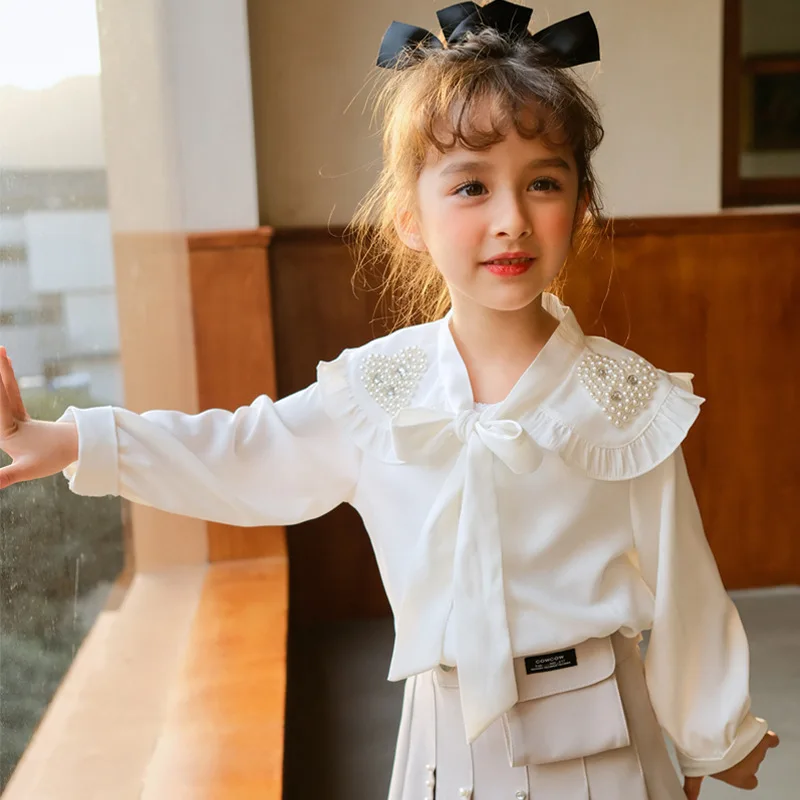 

3 -14 Years Children White Shirts For Girls Long Sleeve Pearl Style Collar Blouse Kids Teens Fashion Casual Tops Clothing