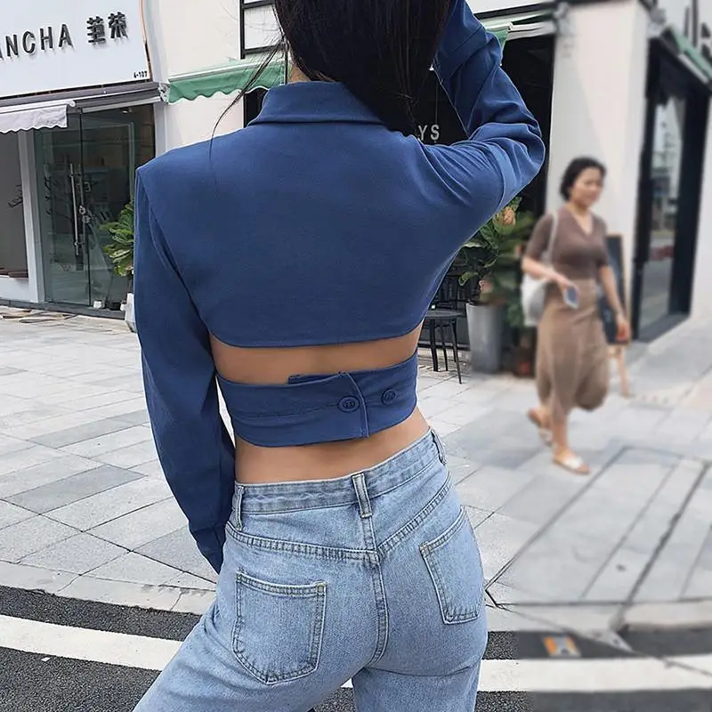 Misswim Elegant long sleeve crop top Blazer coat women Autumn buttons blazer female Cross strap fashion outwear Streetwear new