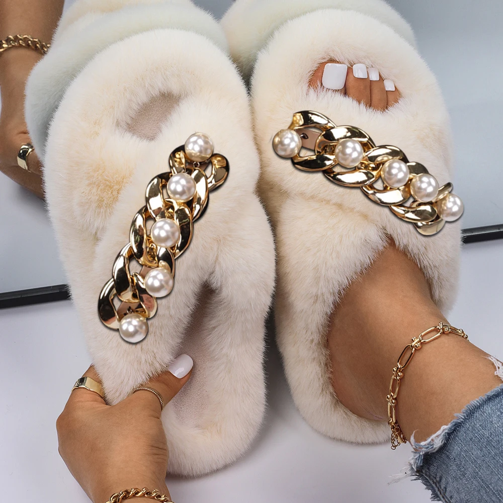 Fashion Slippers Women Golden Chain Fluffy Flip Flops Ladies Designer Faux Fur Slides Luxury Pearl Slippers Flat Sandals Shoes