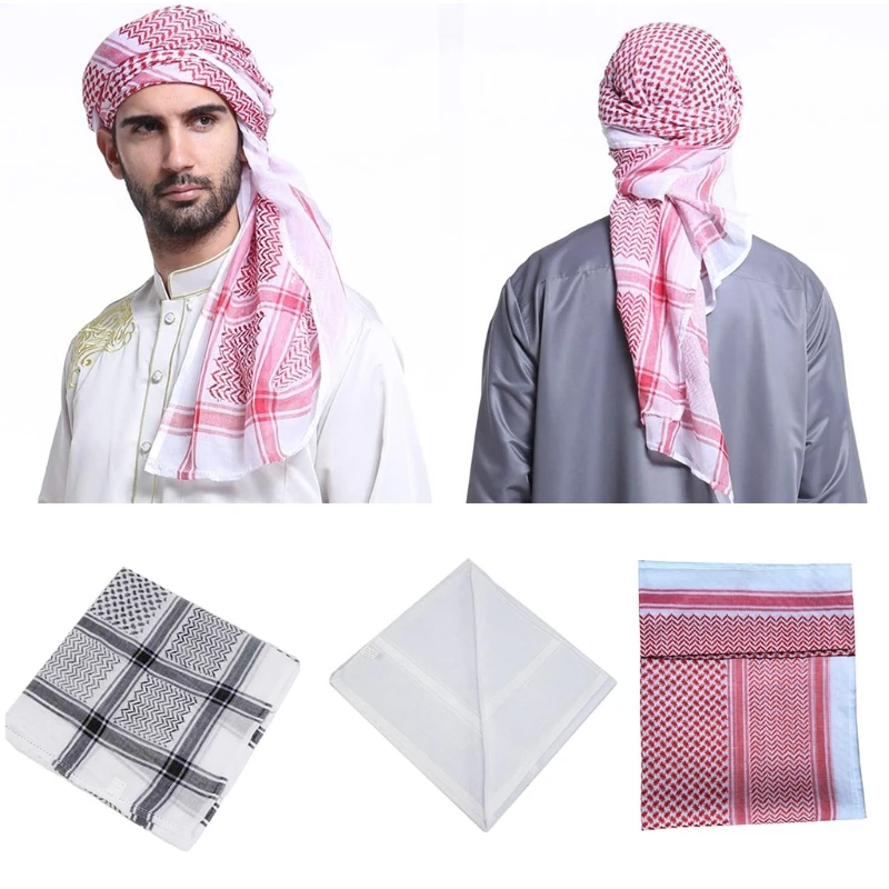 

Muslim Men Plaid Print Headscarf Arab Shemagh Dubai Turban Neck Wrap Keffiyeh Arabic Middle East Desert Headcover Shawl