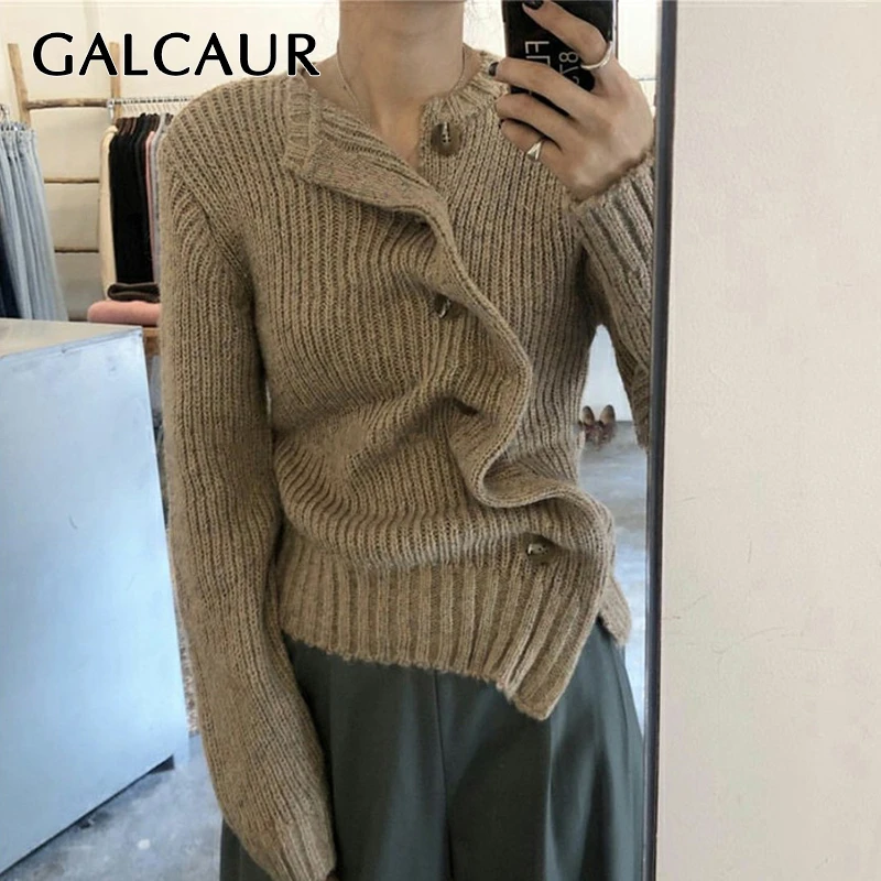 GALCAUR Asymmetrical Ruched Knitting Women's Sweaters O Neck Long Sleeve Korean Cardigans Female 2019 Autumn Winter Fashion New |