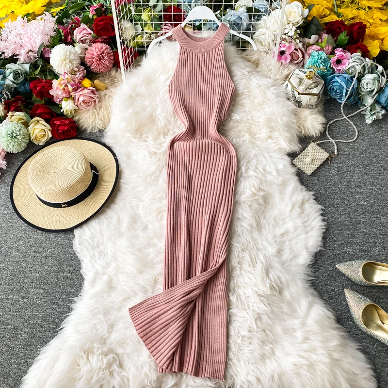 

Женское трикотажное платье с разрезом, однотонное повседневное облегающее платье без рукавов, с открытыми плечами, для вечерние, на лето