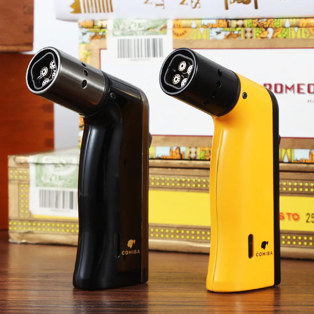 COHIBA Windproof Powerful 4 Torch Cigar Lighter Gun Style Portable Table Lighters Smoking Accessories With Gift Box | Дом и сад