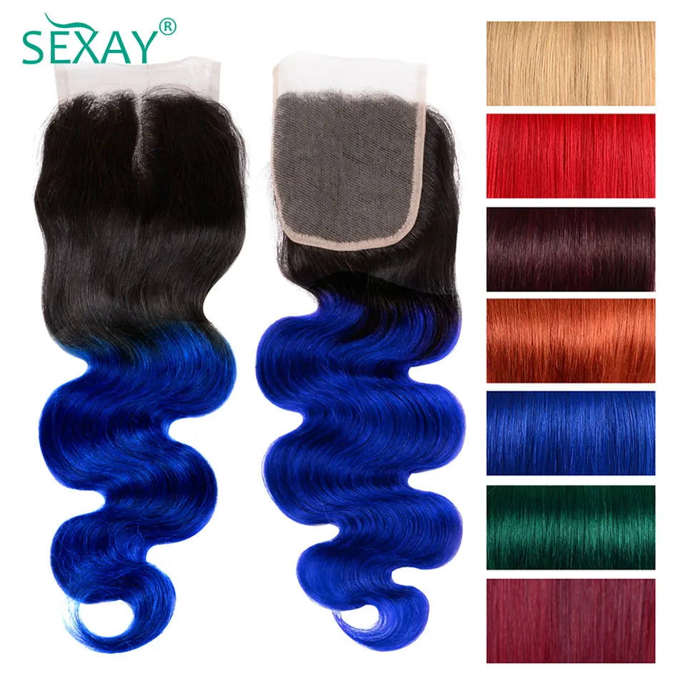 

Sexay 4x4 Lace Closure Pre Plucked Brazilian Remy Human Hair Ombre 1B Green Blue 350 Orange Lace Closures Only Body Wave Closure