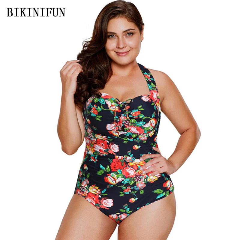 

New Sexy Plus Size Swimsuit Women One Piece Suit Floral Print Bathing Suit XL-5XL Girl Backless Halter Monokini One Piece
