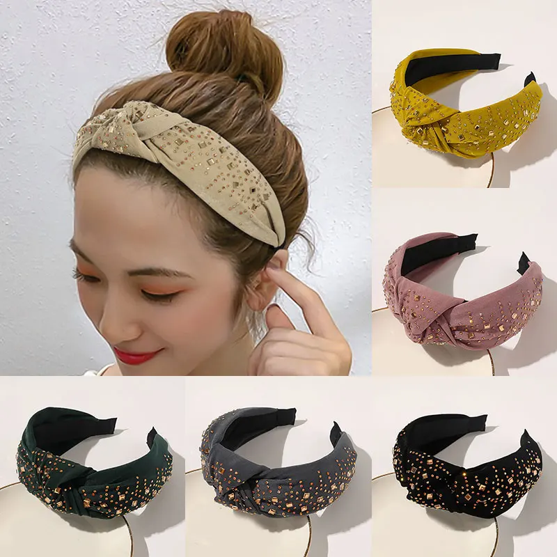 

2020 New Korean Women Hairband Crystal Knotted Headband for Girls Wide Bezel Head Hair Hoop Bands Hair accessories Headdress