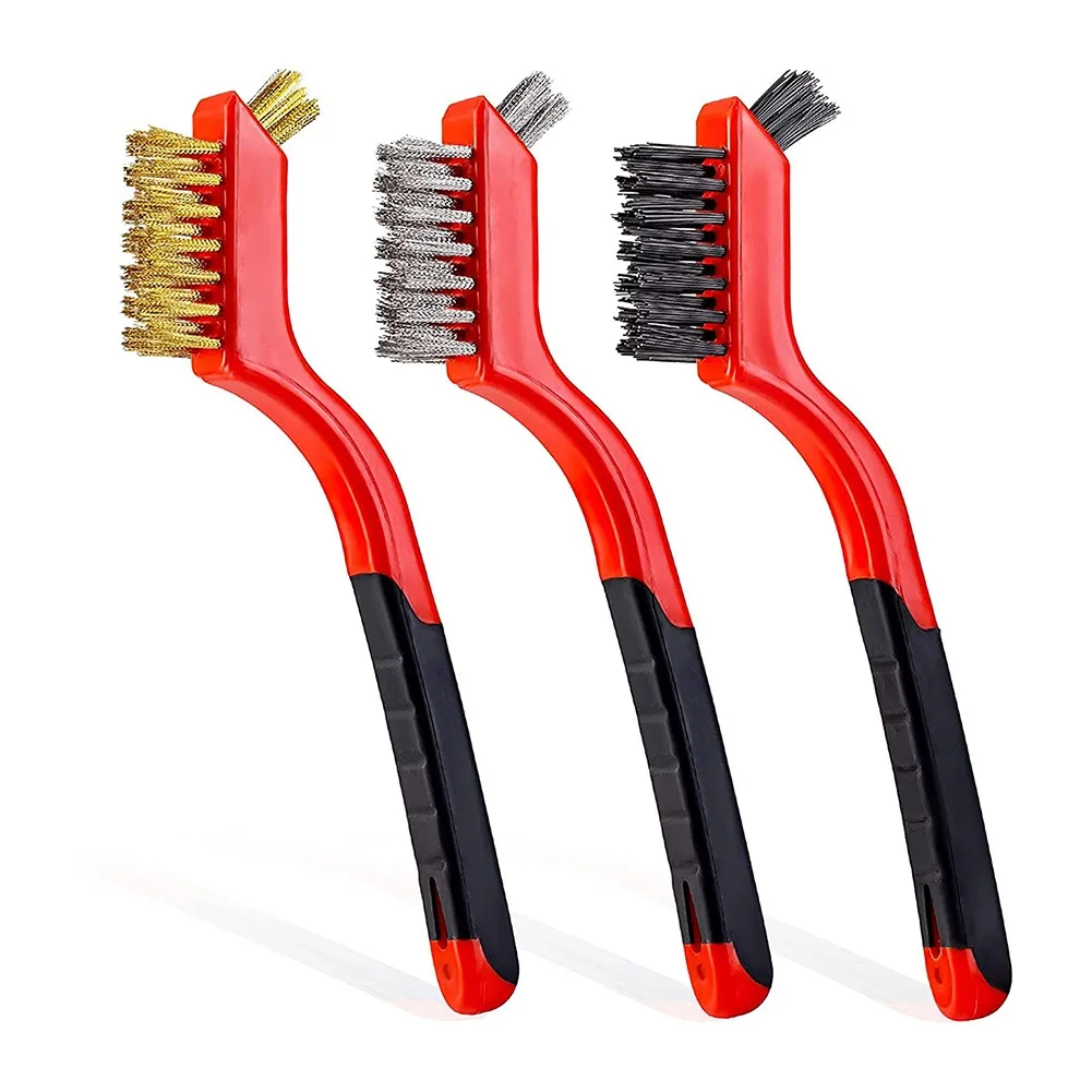 

3 Pcs Wire Brushes 7 Inch Nylon/Brass/Stainless Steel Bristles Brush W/ Curved Shank Hand Cleaning Tools