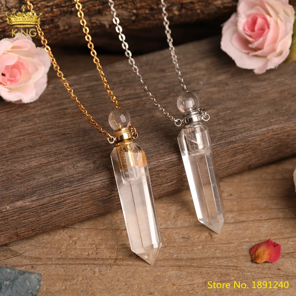 

Natural Gems Stone Perfume Bottle Pendants Gold Silvery Chains Faceted Point Essential Oil Diffuser Vial Necklace Charm
