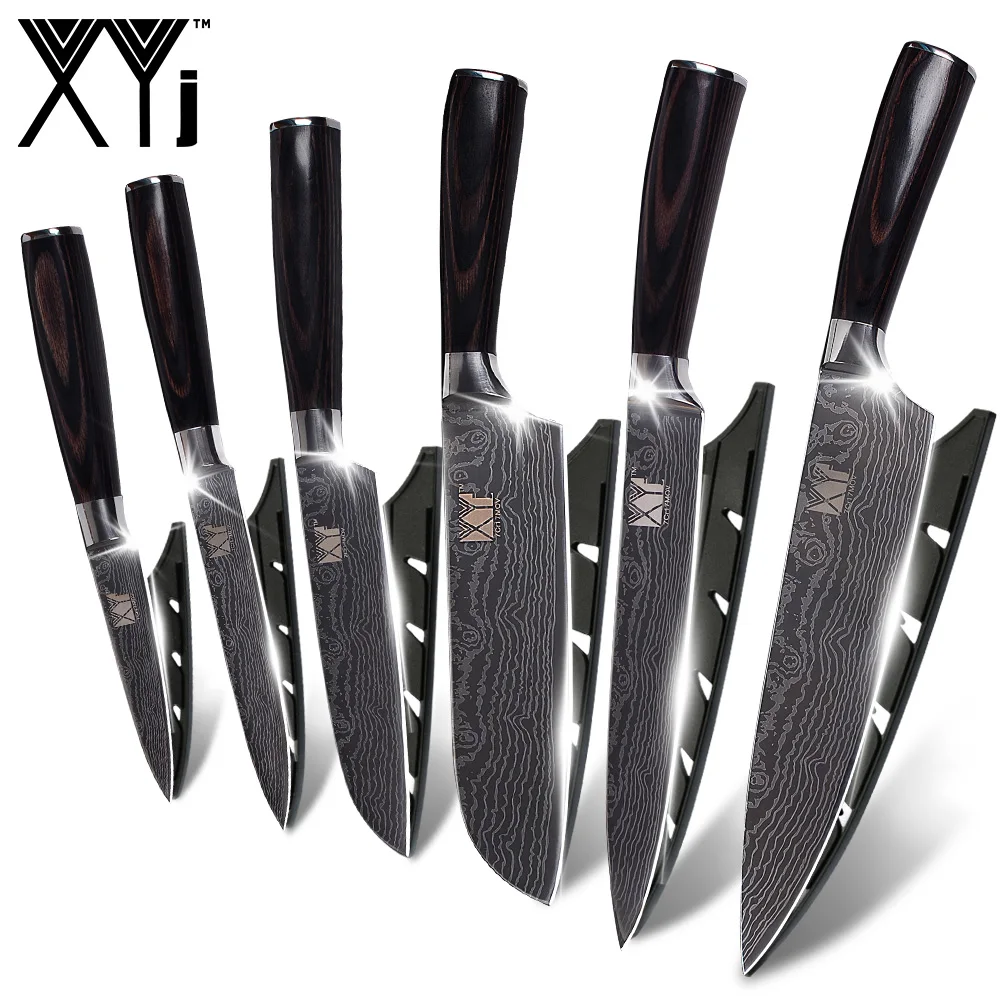 XYj Дамасские вены набор ножей из нержавеющей стали легкий цвет деревянные ручки