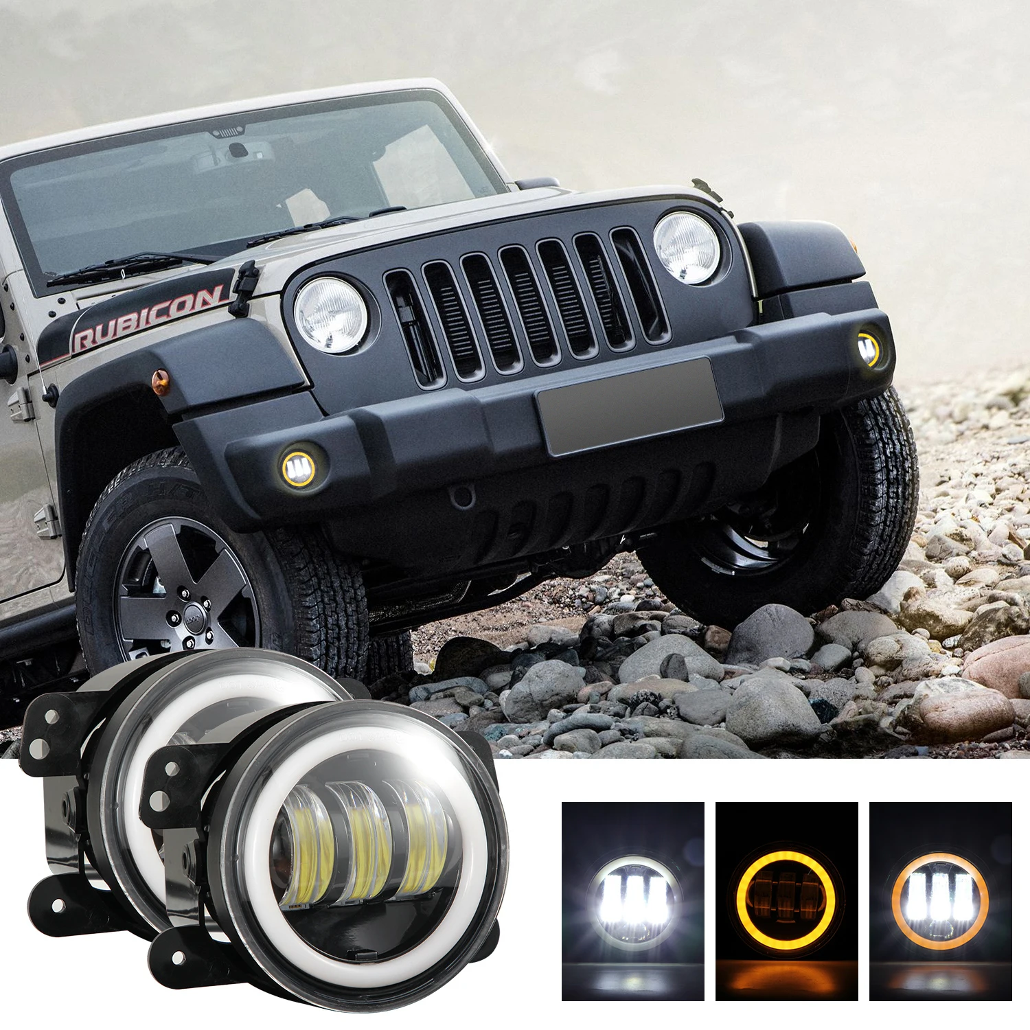 

2x 4 Inch LED Fog Lights Round White Yellow Halo Ring DRL Off Road For Jeep Wrangler JK TJ LJ Grand Cherokee lada Dodge Journey