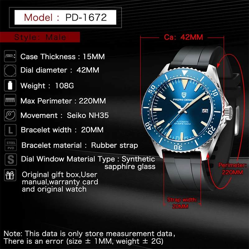 

PAGANI DESIGN Brand Men's Fashion Mechanical Wristwatch 100M Waterproof Sapphire Glass Business Sports Watch relogios masculinos