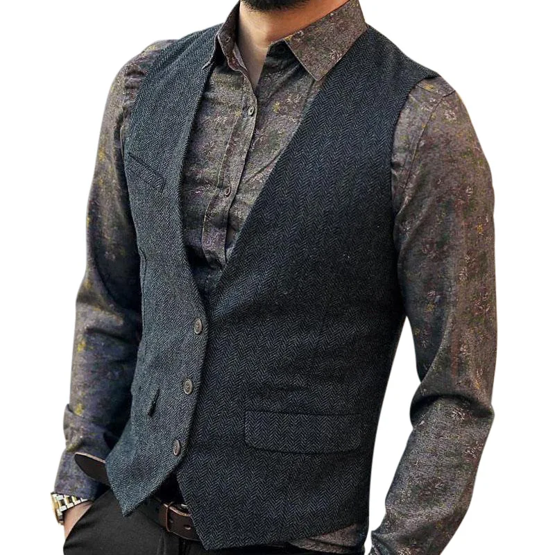 

Grey Men's Vest Suit Boutique Wool Tweed Slim Fit Leisure Cotton Male Gentleman Beckham Business Waistcoat For Wedding Groomsmen