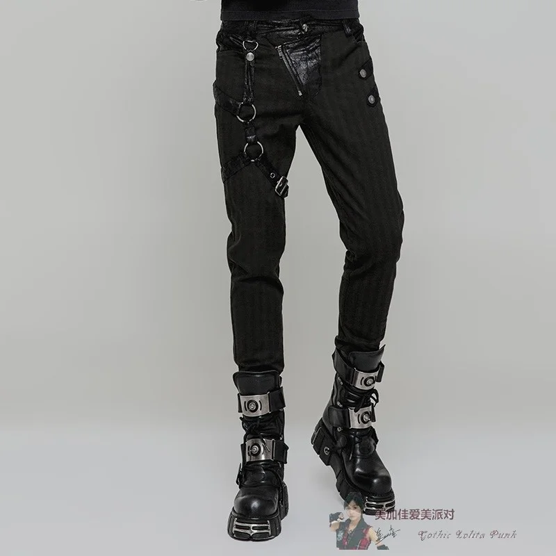 

Punk Rave Gothic stripe stitching versatile court gentleman men's Steampunk pants wk323