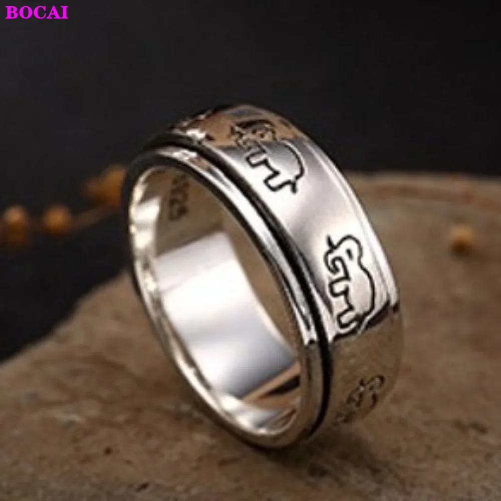 

BOCAI S925 Sterling Silver Elephant Rings Men And Women Good Luck Thai Silver Personality Fashion Rotatable Pure Argentum Ring
