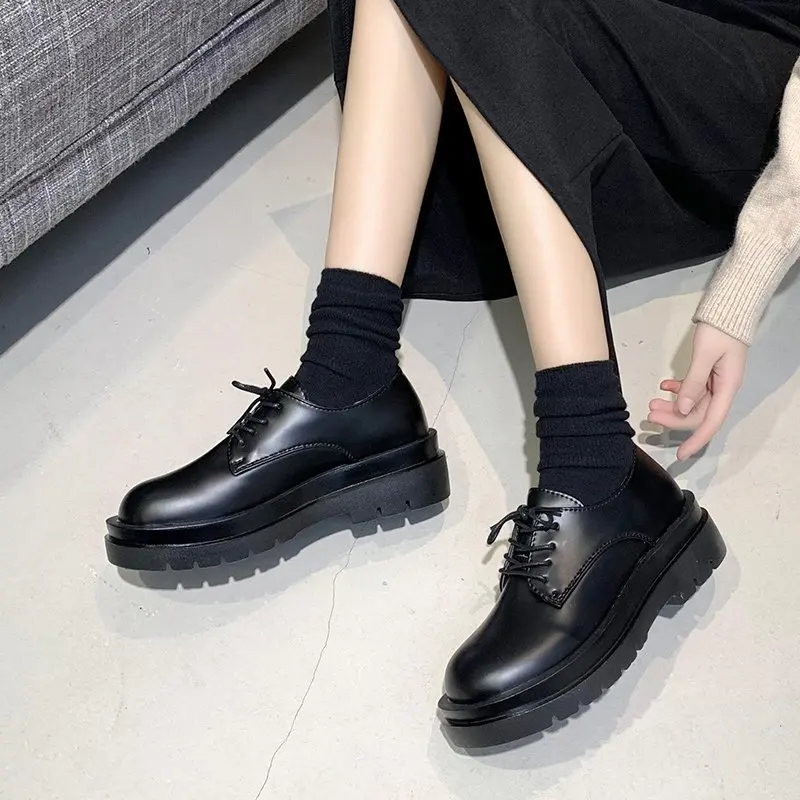

2021 Spring Oxford Shoes Women Flats PU leather Shoes Women Black Fashion British Style Ladies Casual Lace Up Platform Shoes