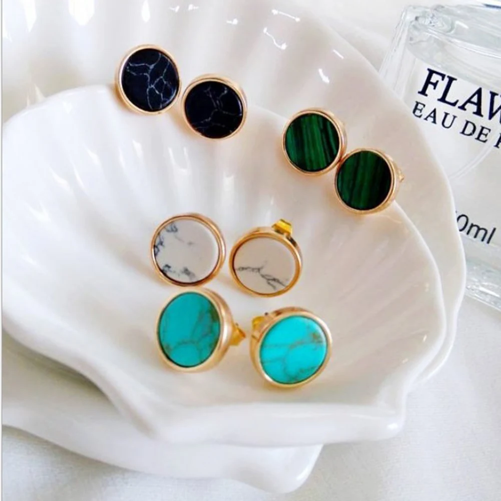 Модные круглые мраморные белые серьги гвоздики с эпоксидной смолой из