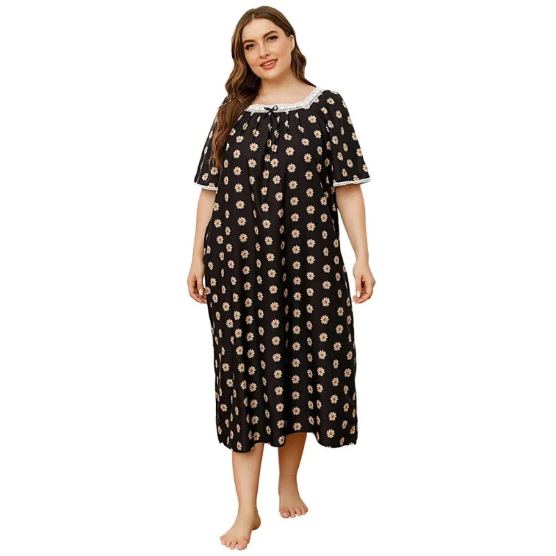 

Nightgowns Plus Size Pajamas Spring Ladies Short Sleeve Square Collar Printed Floral Nightdress Casual Long Dress