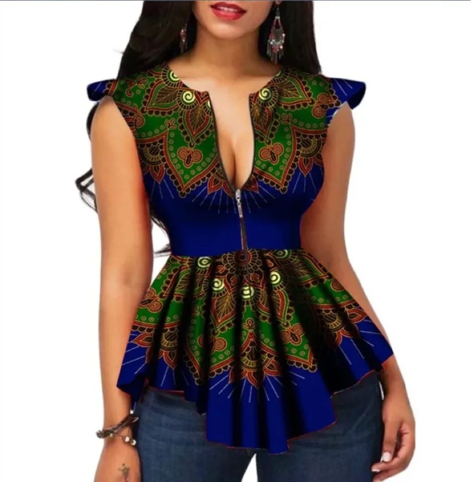 

2019 new arrival summer elegent african women printing polyester plus size shirts S-XXL