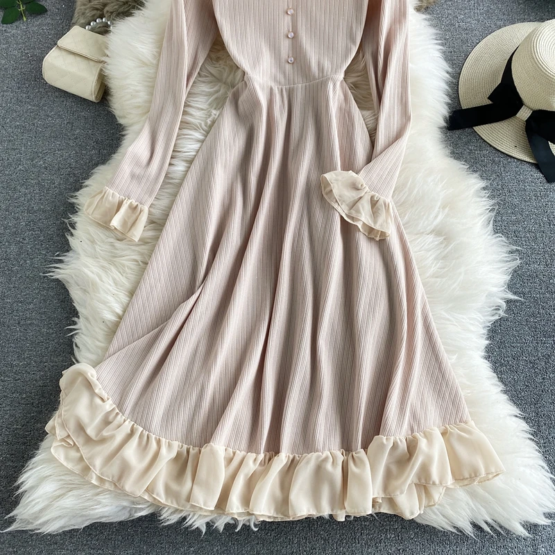 

Vintage Women's Midi Dress Sexy V-Neck Flare Long Sleeve Ruffle Vestidos Casual Red/Beige Dresses Female Fashion Autumn Winter