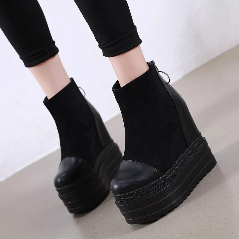 

2021 The new burst stitched stylish boots 13cm muffin thick bottoms after zip-up slope heeled women's Martin platform boots