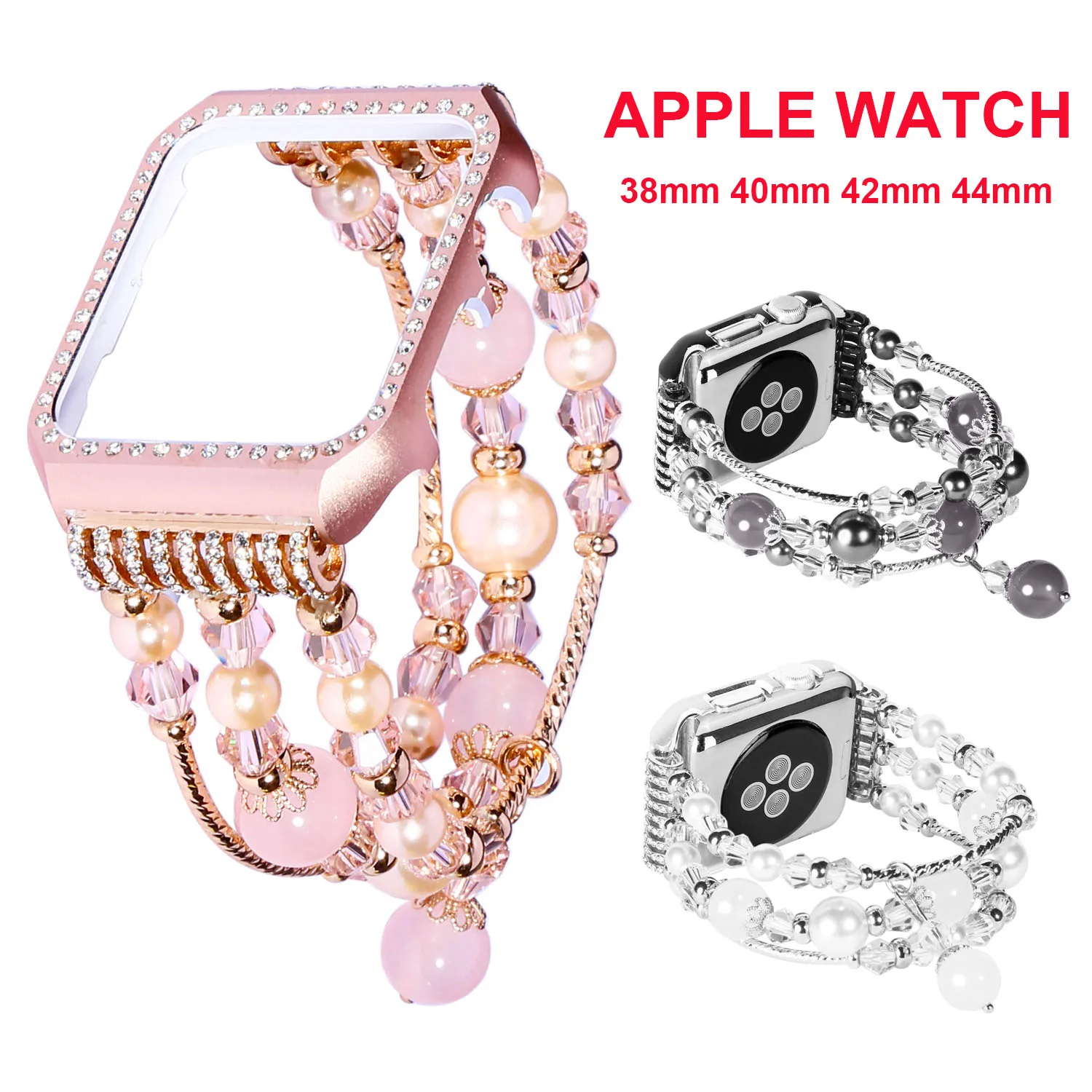 

Case Jewelry Bracelet for Apple Watch Band 44mm SE Series 6 5 4 3 Watchband Elastic Pearl Wristband for Women iWatch Strap Bling