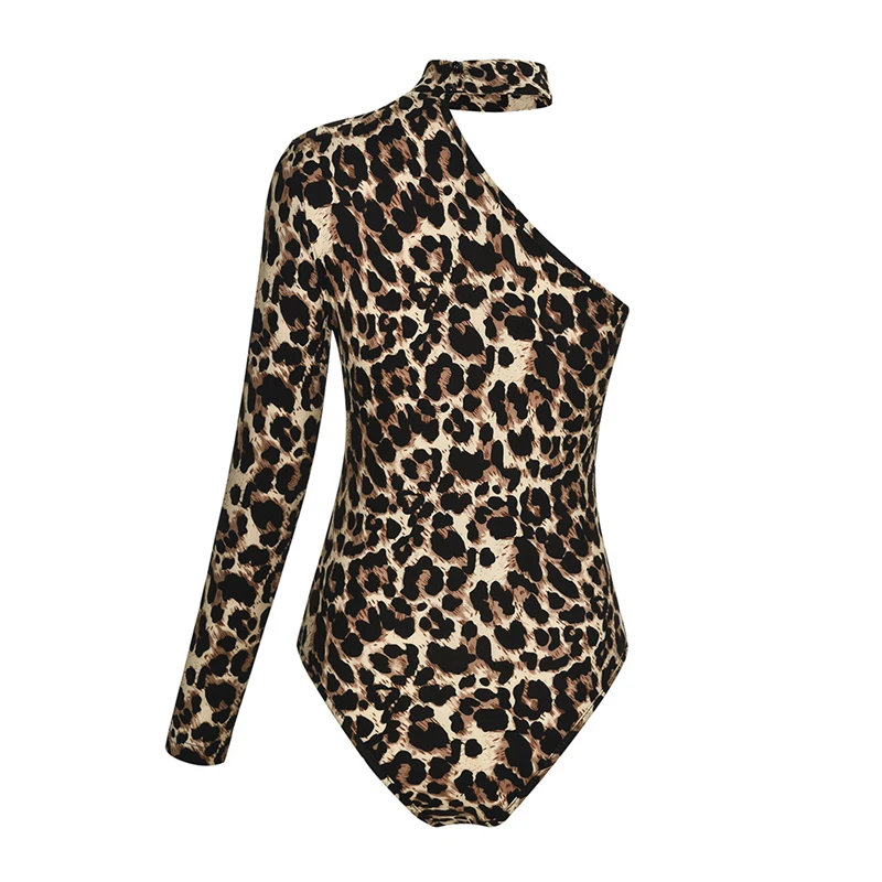 

AIIOU Sexy Women One Shoulder Bodysuit Leopard Print Turtleneck Basic Bodysuit Tops Hollow Out Skinny Off Shoulder Body Suit