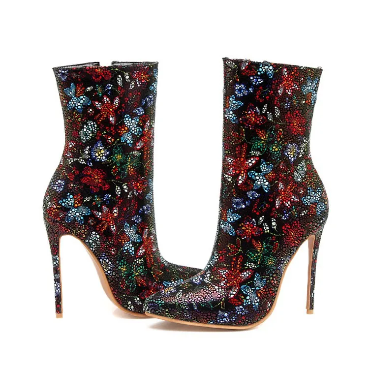 

low high heel printing women fiber pointed side zipper