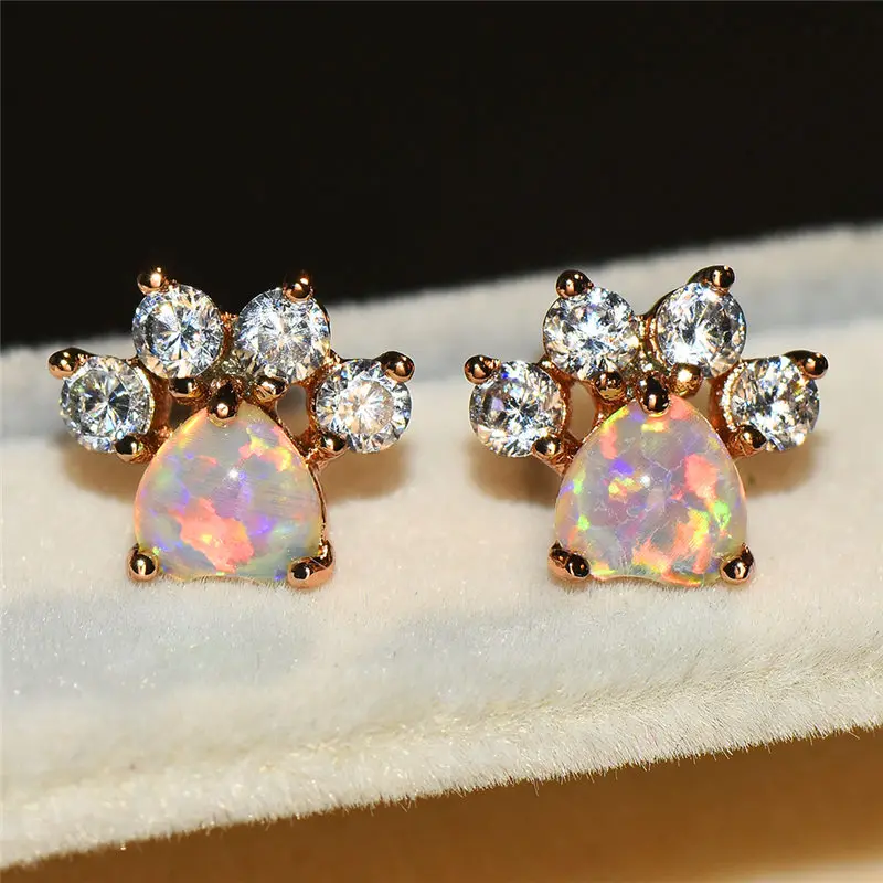 

Vintage Female White Blue Pink Opal Jewelry Charm Silver Color Wedding Earrings Boho Crystal Dog Cat Paw Claw Earrings For Women