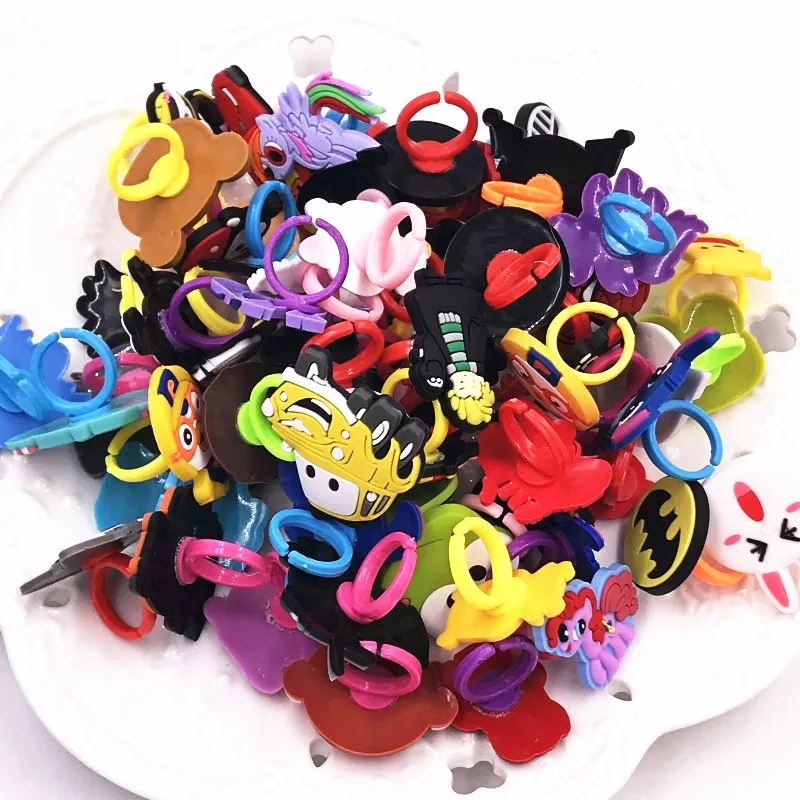Random 10Pcs Mix Cartoon PVC Rings for Children Girls Boys Baby Adjustable Kids Jewelry Finger Ring Party Gift | Украшения и