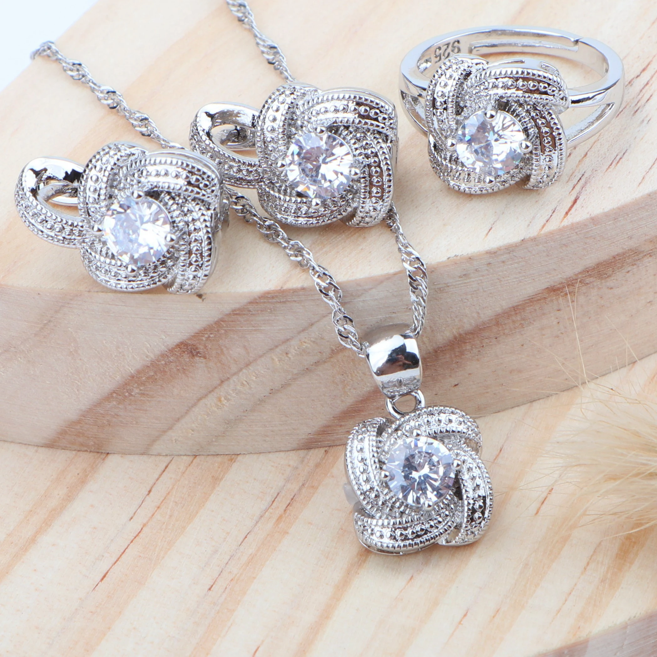 Cubic Zirconia Silver 925 Bridal Jewelry Sets Wedding Kid Jewelry Earrings Rings Necklace Pendant Set For Women Accessories