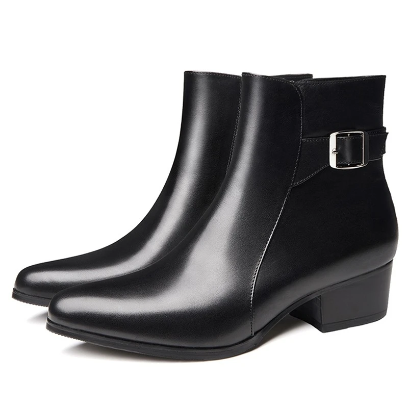 

Korean Genuine Leather High Heel Pointed Boots Men Fashion Spring Autumn Mid-Calf Work Boots Luxury Brand Buckle Dress Shoes New