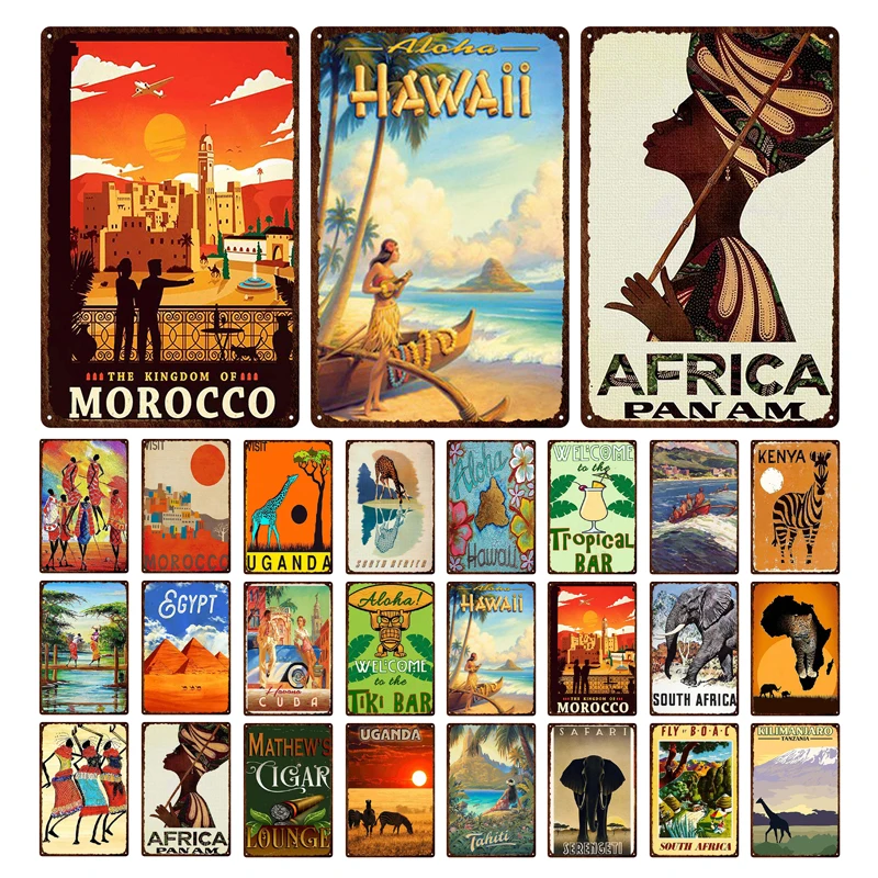 

Hot Sale Morocco Hawaii Africa Sunset Scenery Metal Signboard Retro Abstract Anti-Fading Wall Decoration Iron Painting Tin Plate