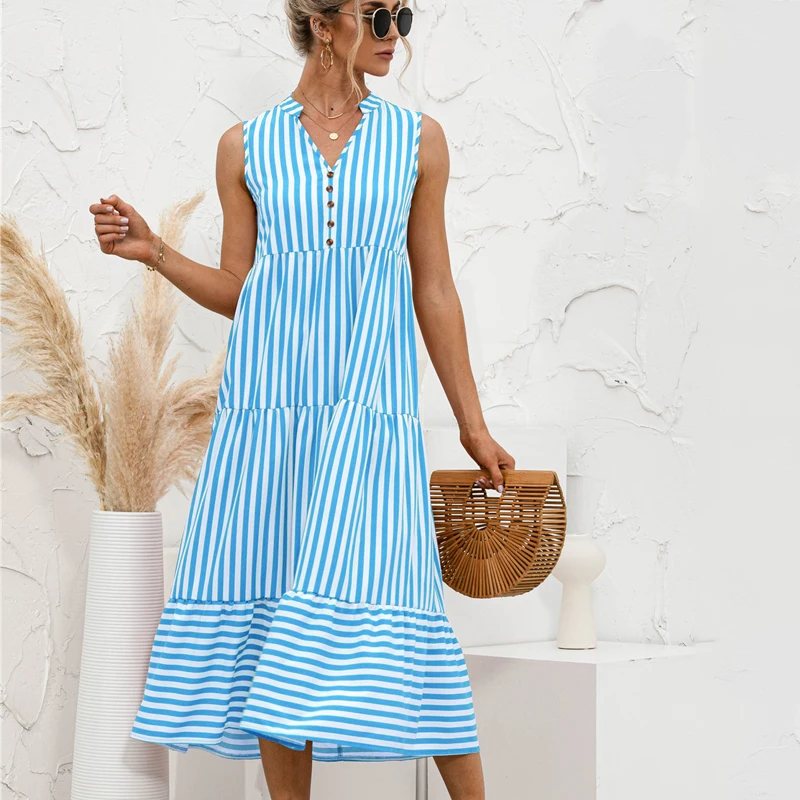 

Holiday casaul striped a-line Beach long Dress Summer 2021 V-neck striped button stitching dress for womens Mid-Calf dress